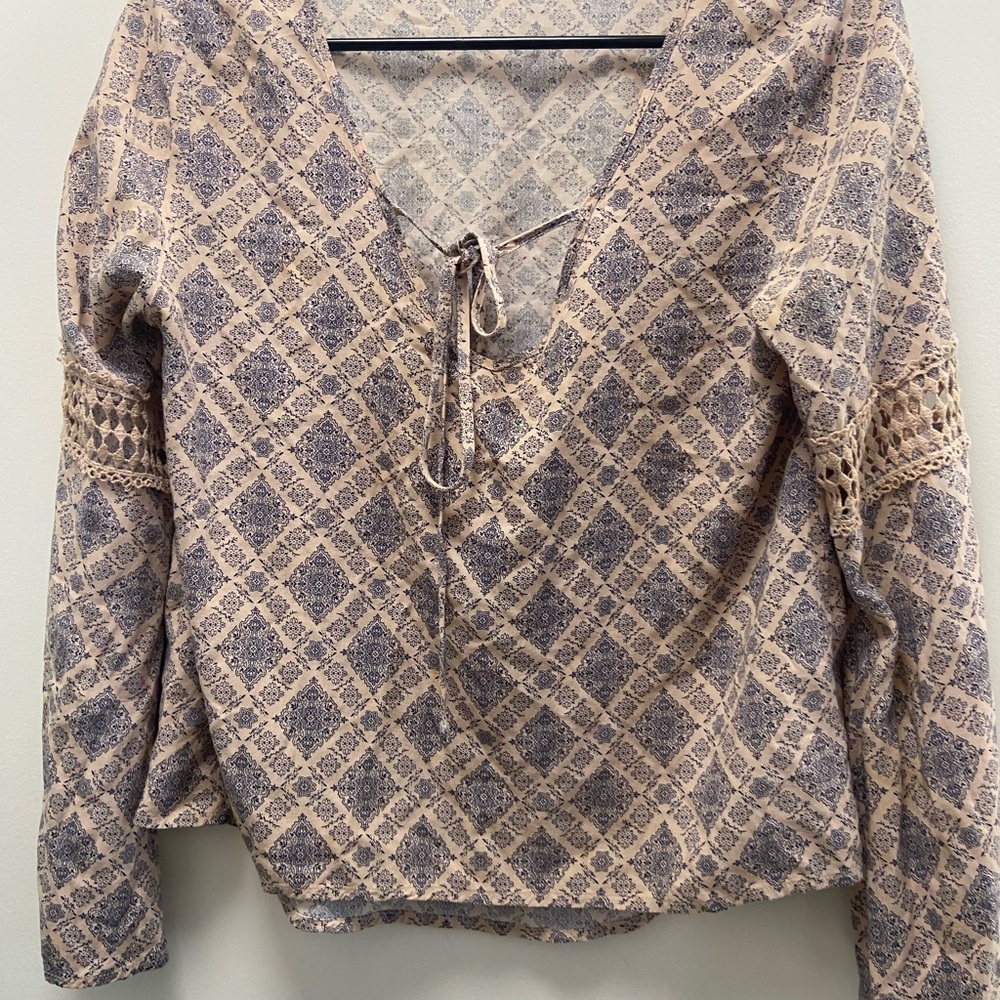 Elodie Beige and Navy Geometric Tie-Front Peasant Blouse